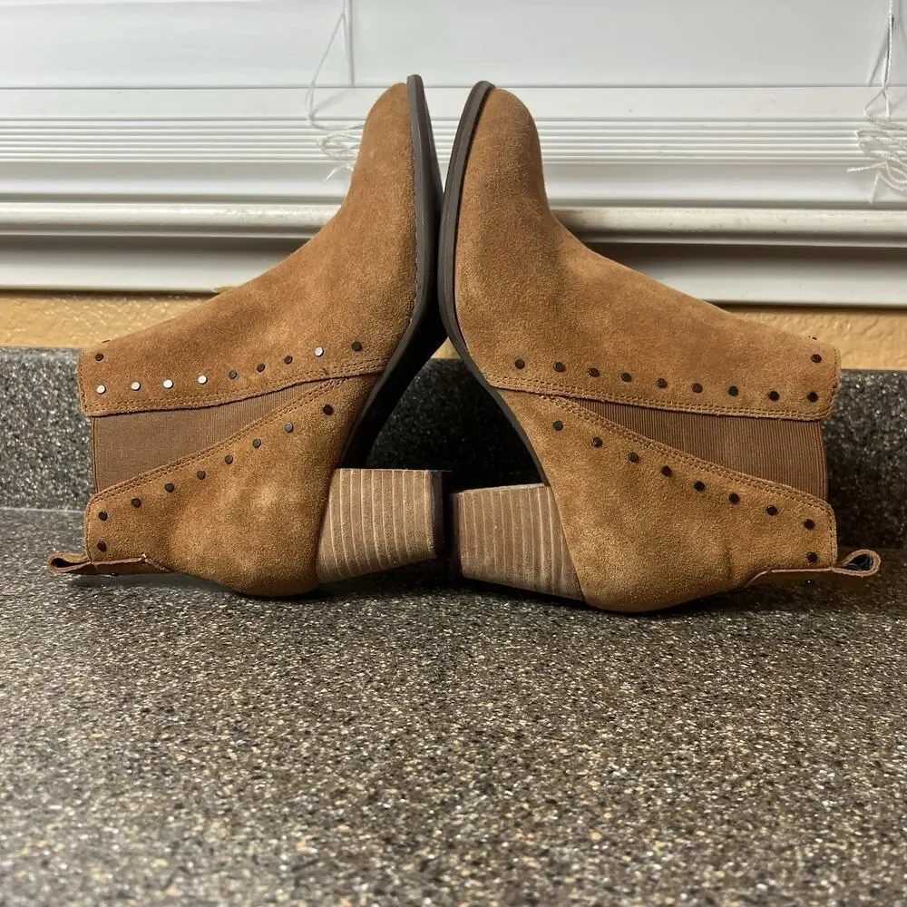 Vionic Rust/Tan Suede Ankle Bootie Zip Womens 7.5 Wide Block Heel Comfort Casual